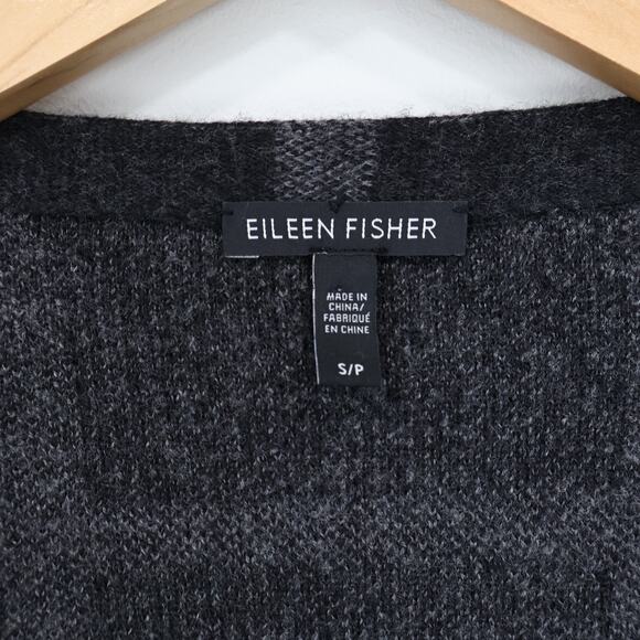 Eileen Fisher 100% Merino Wool Open Front Cardigan Sweater Plaid Charcoal Small - Picture 5 of 6